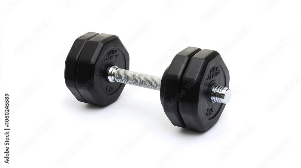 A black dumbbell with chrome accents isolated on a white background. A black dumbbell with chrome accents isolated on a white background.