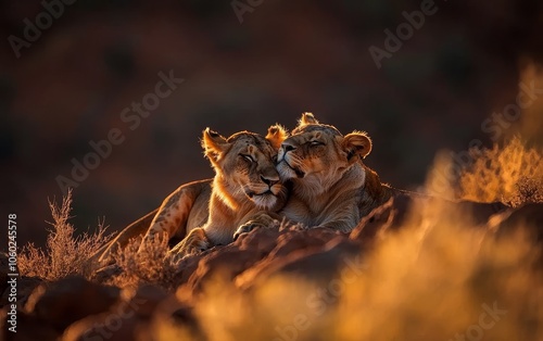 Two lions nuzzle affectionately in a warm, golden sunset, showcasing their bond in a natural setting.