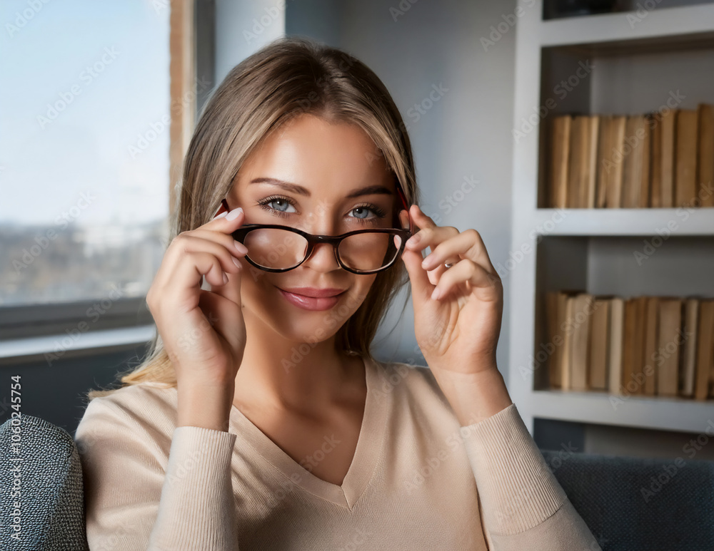 Junge Frau setzt ihre Brille auf