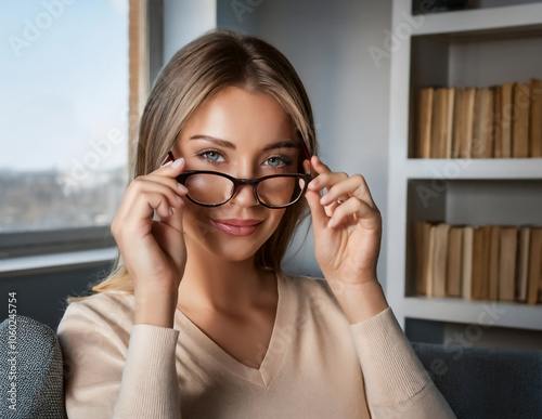 Obraz na płótnie Junge Frau setzt ihre Brille auf w salonie