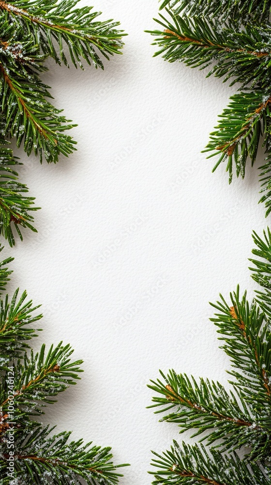 Green pine branches frame on white background Green pine branches frame on white background