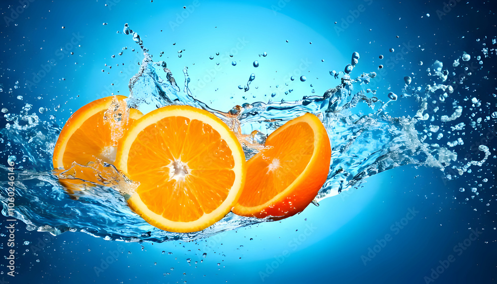Fresh orange slices with water splash on blue background. Fresh orange slices with water splash on blue background.