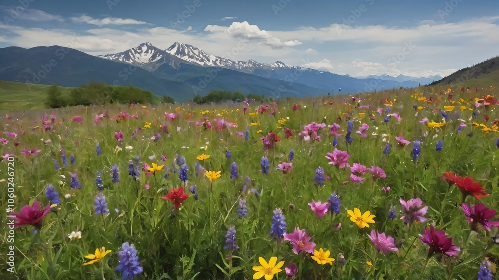 A field of vibrant wildflowers with a mountain in the background A field of vibrant wildflowers with a mountain in the background