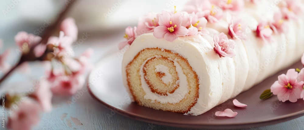 Delicate sakura cream roll cake with cherry blossoms arranged along the sides for visual appeal Delicate sakura cream roll cake with cherry blossoms arranged along the sides for visual appeal