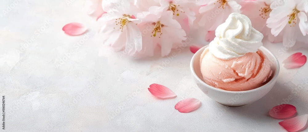 Light sakura sorbet with a side of whipped cream, cherry blossom petals arranged artistically Light sakura sorbet with a side of whipped cream, cherry blossom petals arranged artistically