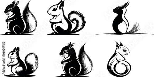 Illustrations of Various Stylized Squirrels in Black and White With Unique Poses