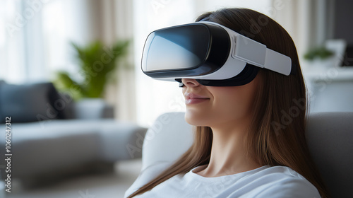 High-tech virtual reality goggles in a futuristic home setting.