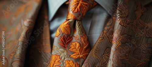 Intricate autumn inspired floral fabric pattern featuring a luxurious mix of damask and brocade textures in rich warm hues of orange brown and gold  The ornate botanical design creates a sumptuous photo