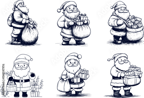 Santa Claus Delivering Gifts in Various Poses During the Holidays