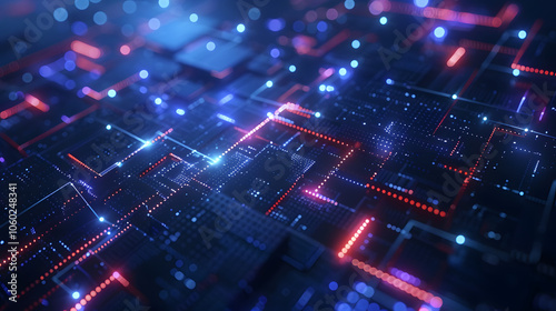 Abstract blue geometric shapes with glowing lines on a dark blue background, concept of digital technology