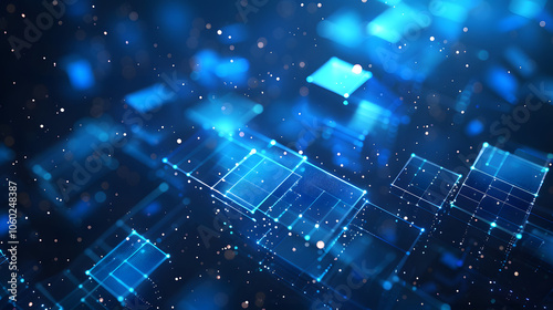 Abstract blue geometric shapes with glowing lines on a dark blue background, concept of digital technology