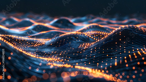 Abstract glowing dots forming a wave on a dark background, representing digital technology