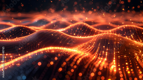 Abstract glowing dots forming a wave on a dark background, representing digital technology