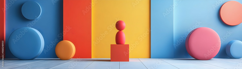 Abstract 3D Render of Colorful Geometric Shapes Against a Wall Abstract 3D Render of Colorful Geometric Shapes Against a Wall