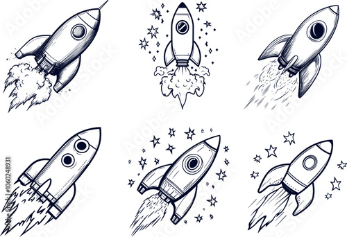 Various Rocket Illustrations Launching Into Space With Dynamic Trail Movements