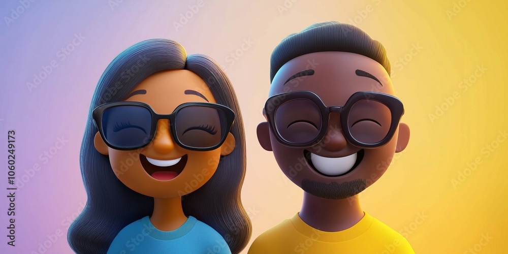 Fototapeta premium Two animated characters, a Black woman and man, smiling with sunglasses against a colorful background.