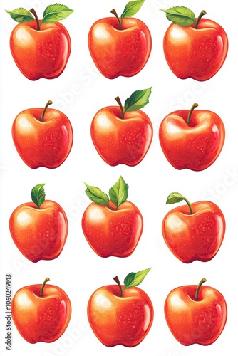 Bright red apples with green leaves arranged in a vibrant pattern.