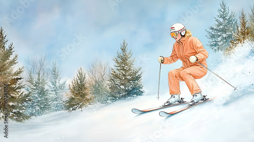 A skier in 1960s attire skiing downhill, framed by snowy evergreens, watercolor brushstrokes capturing movement and a nostalgic winter vibe photo