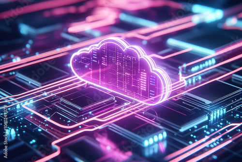 A stunning visualization of AI-enhanced cloud computing, showcasing intricate network connections and glowing circuitry