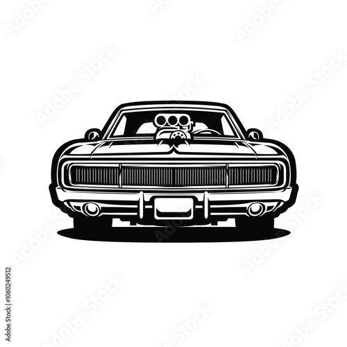 American Muscle Car Monochrome Silhouette Front View Vector Isolated