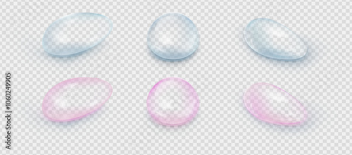 Collagen blue and pink drops. Hyaluronic acid bubbles. Cosmetic serum. Skincare product. Vector illustration