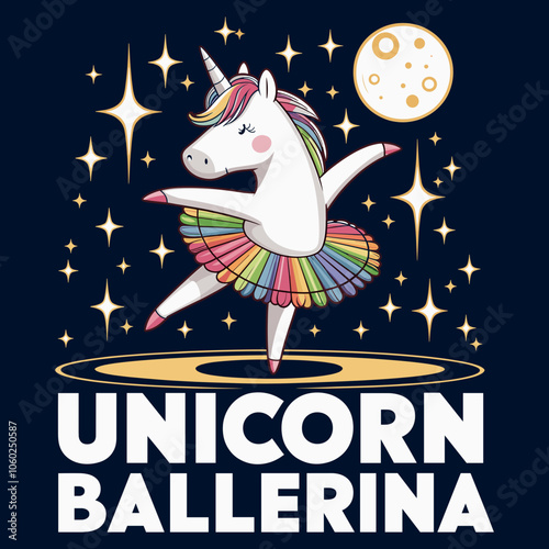 Magical Unicorn Ballerina Dancing Under a Starry Sky - T-Shirt Print Design