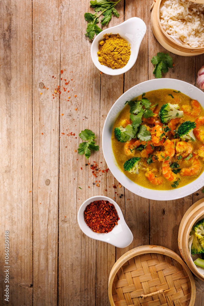 asian food selection with shrimp, rice, noodle, soup