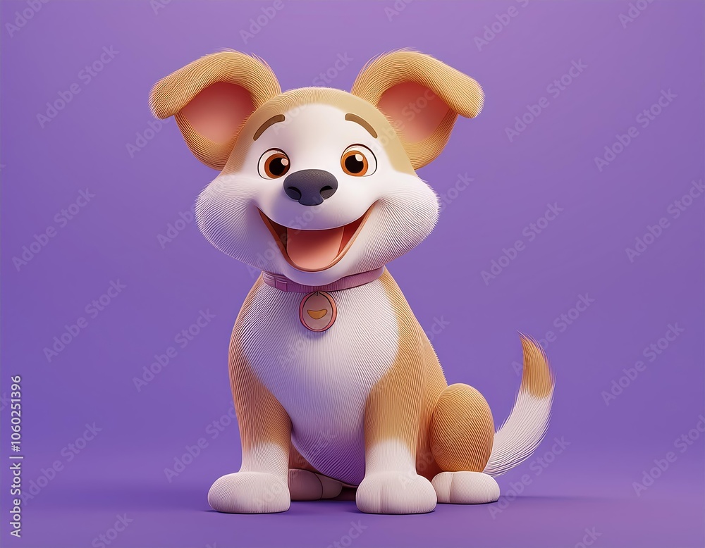 3D cartoon dog with big brown eyes and a pink collar smiles happily 3D cartoon dog with big brown eyes and a pink collar smiles happily