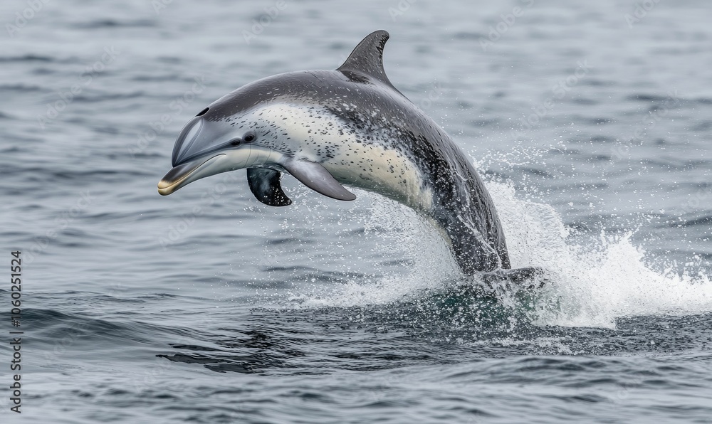 Obraz premium Spotted dolphin leaps from ocean waves.