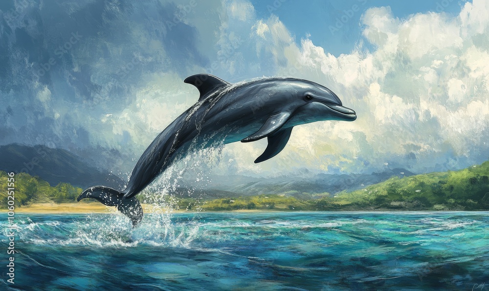 Obraz premium Dolphin leaping from blue water.