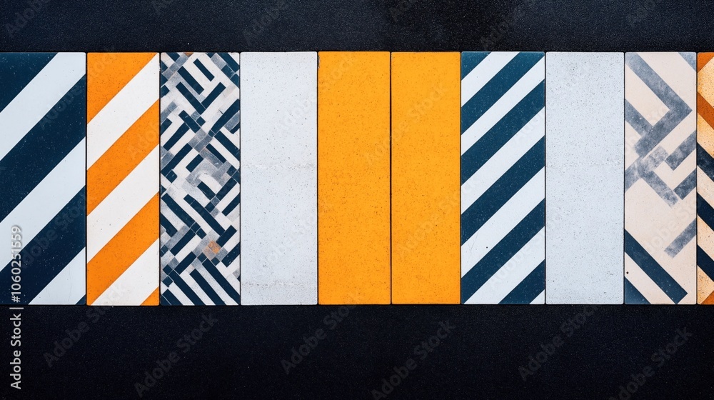 Fototapeta premium A row of colorful ceramic tiles featuring geometric patterns and bright colors against a black background.