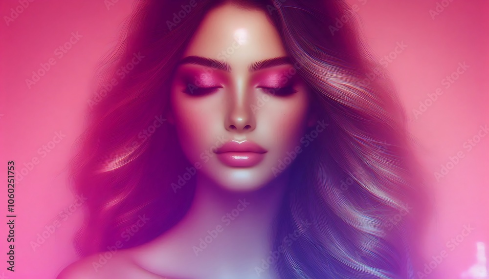 Obraz premium Gradient with pink to purple grainy transition background for beauty advertising with woman face,generative ai