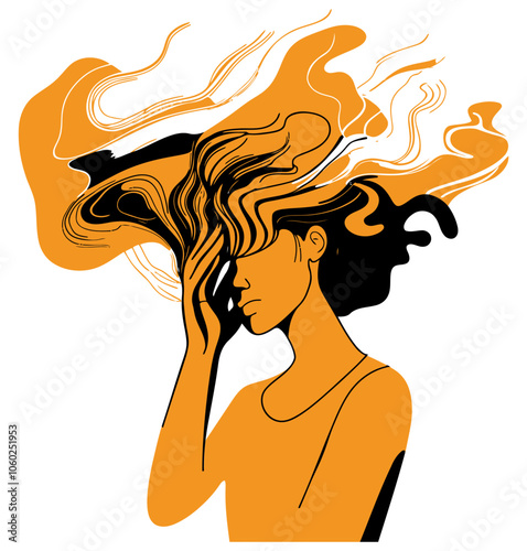 Abstract Woman Depressed, Expressive Representation of Emotions and Inner Struggles - Flat Vector Illustration