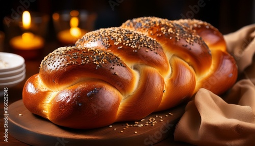 Challah A braided, soft bread, often slightly sweet and sprinkled with poppy or sesame seeds photo