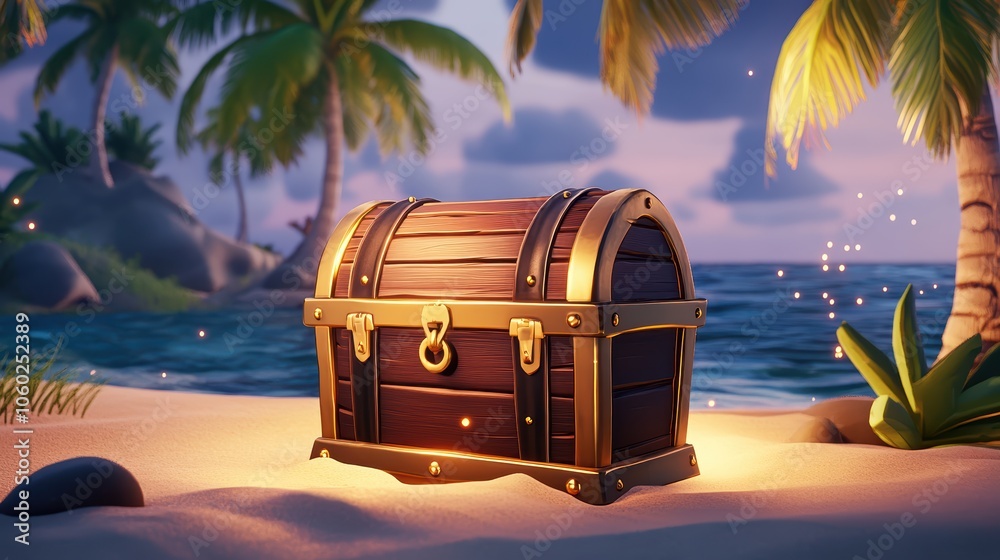 Fototapeta premium Glowing Treasure Chest on Sandy Beach