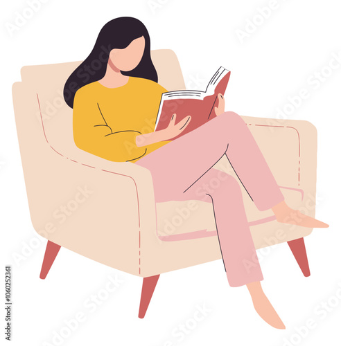 Girl Reading a Book on a Sofa, Cozy Indoor Scene, Relaxation Art - Flat Vector Illustration