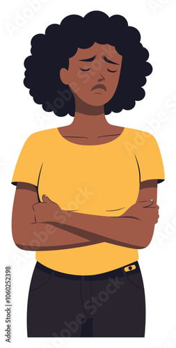 Sad Girl Holding Her Stomach in Pain, Expressing Discomfort and Emotion, Heartfelt Art - Flat Vector Illustration