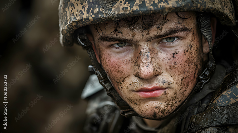 Close-up Portrait of a Mud-Covered Soldier in Camouflage Gear, Looking Intensely at the Camera Close-up Portrait of a Mud-Covered Soldier in Camouflage Gear, Looking Intensely at the Camera