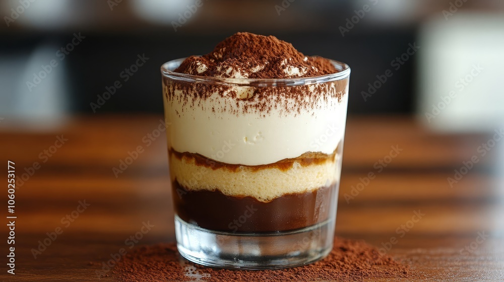 Classic Tiramisu Dessert in Glass on Wooden Table Classic Tiramisu Dessert in Glass on Wooden Table