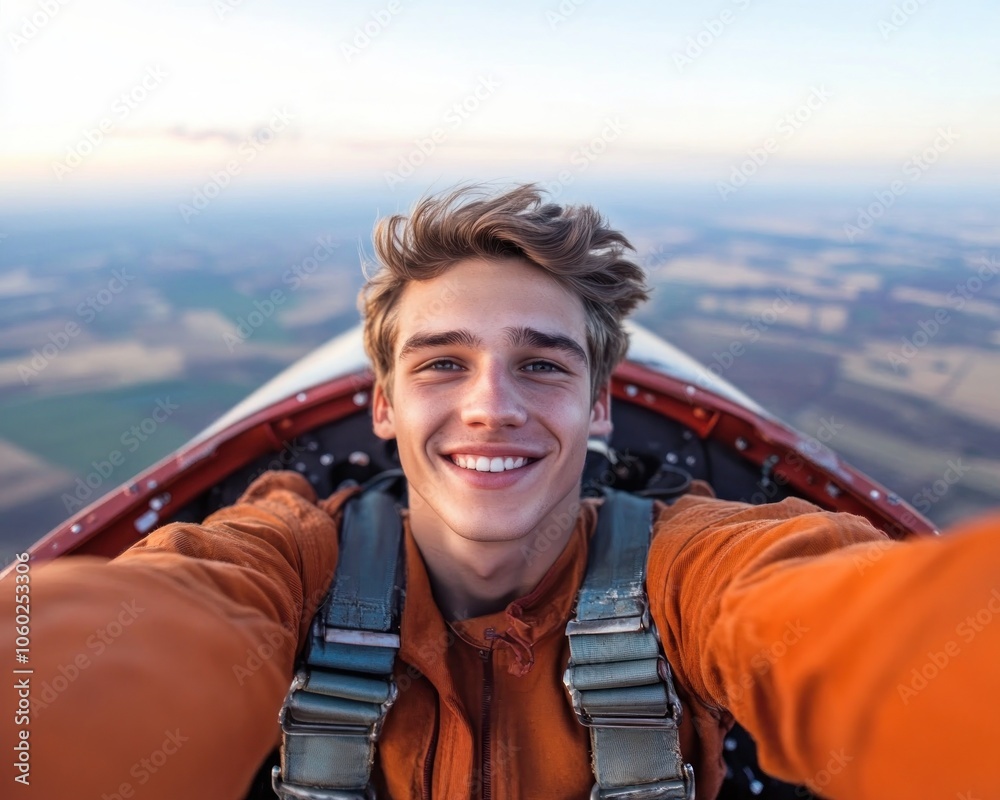 Fototapeta premium Smiling Man Taking Selfie on Airplane with Exciting Expression, High-Flying Fun, Capturing the Moment, Adventure, Travel Photography, Airplane Selfie, In-Flight Entertainment, Joyful Expression