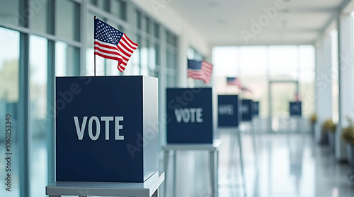 Voting process in america: election booths with u.s. flags in modern hallway for civic engagement and democracy