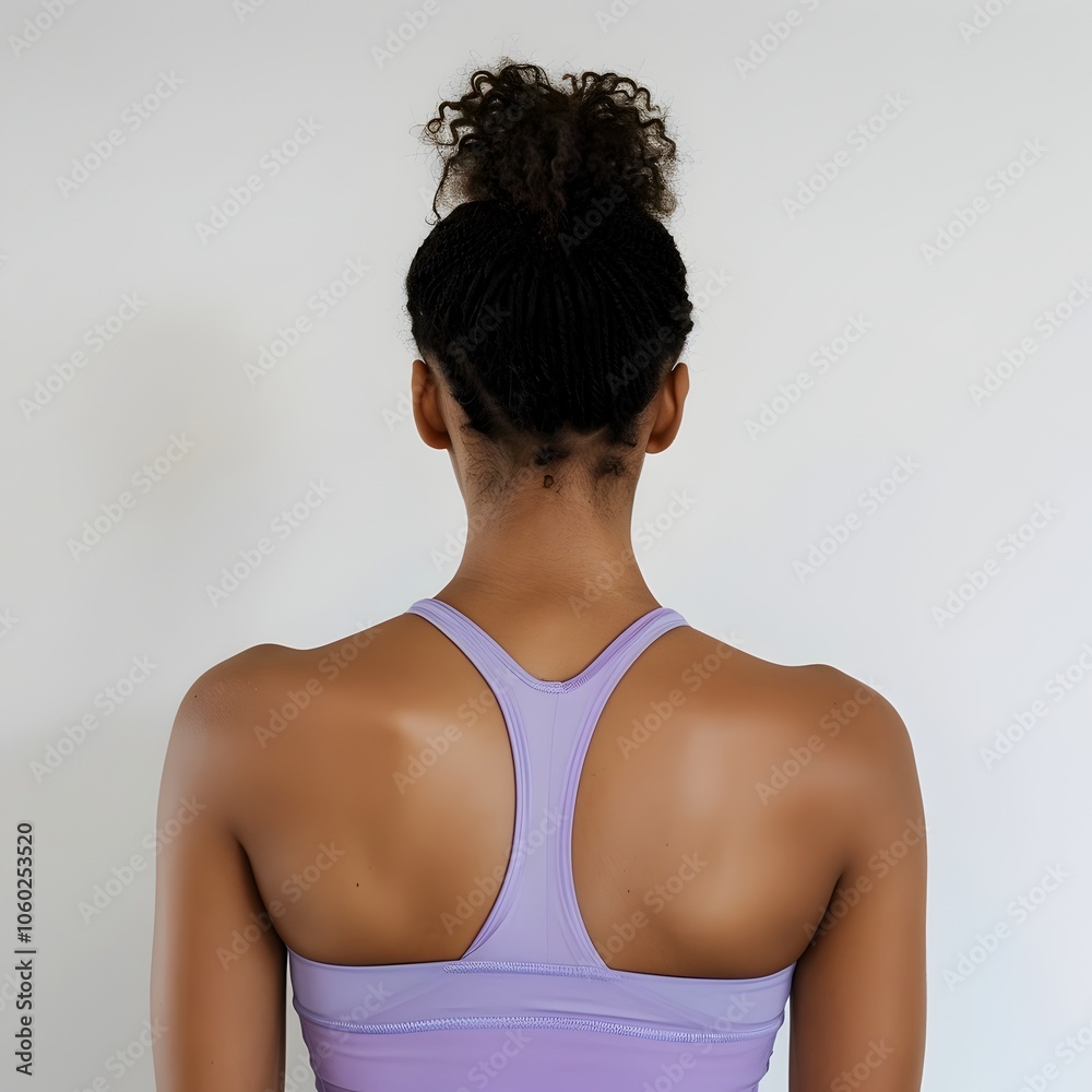 Back View of a Woman Wearing a Purple Sports Top on a Simple White Background Back View of a Woman Wearing a Purple Sports Top on a Simple White Background
