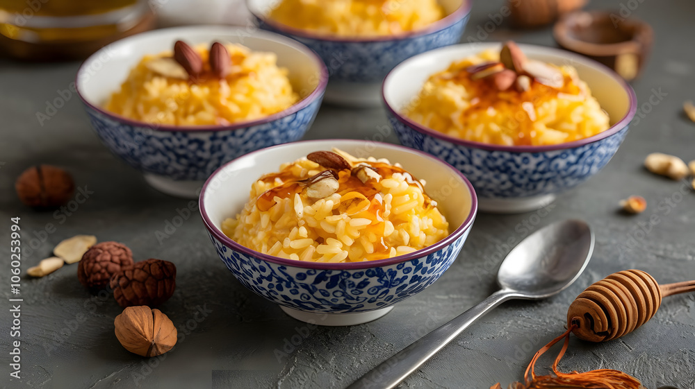 Saffron Rice Dessert: A sweet rice dessert infused with saffron, beautifully served in small bowls, garnished with nuts and a drizzle of honey.
Saffron Rice Dessert: A sweet rice dessert infused with saffron, beautifully served in small bowls, garnished with nuts and a drizzle of honey.