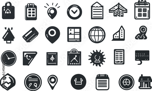 A Collection of Black Icons Representing Various Planning and Location-Based Activities