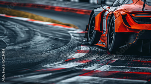 Close-up of a sports car on a race track, highlighting the car's speed and the details of the track surface.