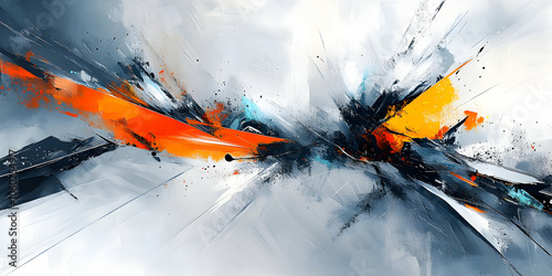 Abstract Painting with Orange, Yellow, and Black Splashes on White Canvas