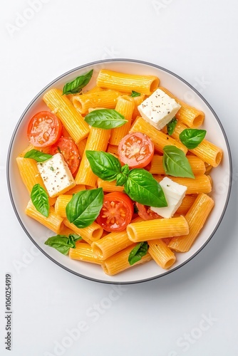 A vibrant pasta dish featuring rigatoni, tomatoes, basil, and feta cheese.