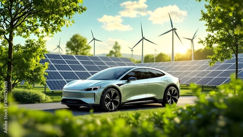 Electric Vehicle in Green Energy Landscape: Modern Car Amid Solar Panels and Wind Turbines in Sustainable Environment