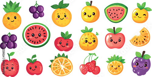 Colorful Cartoon Fruits With Expressive Faces on a White Background