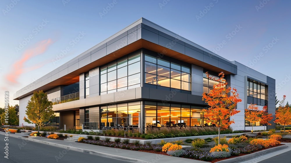 Modern office building with large windows and a landscaped exterior. Modern office building with large windows and a landscaped exterior.